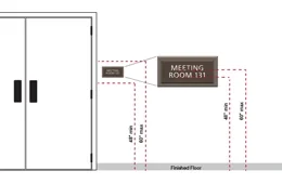 Illustration of the mounting location for a sign with braille installed on the wall to the right of a double-door with two active leafs. Click to zoom.