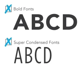 Comparison of a bold font and a highly-condensed font. Neither kind of font is compliant for raised character signs.